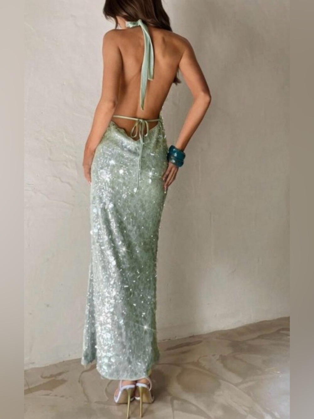 Sequin Cowl Neck Maxi Dress in Mint